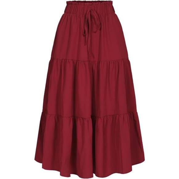 Women's High Elastic Waist Midi Skirt Red - Picture 1 of 4